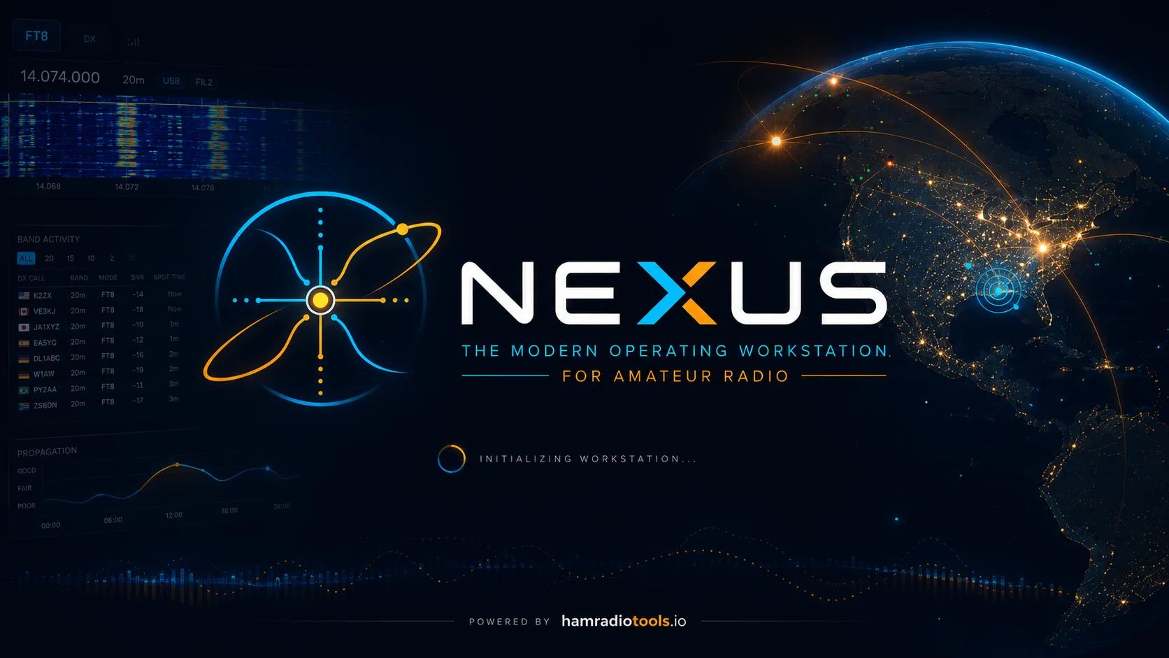 Official Nexus logo and wordmark over a night-earth globe with radio paths