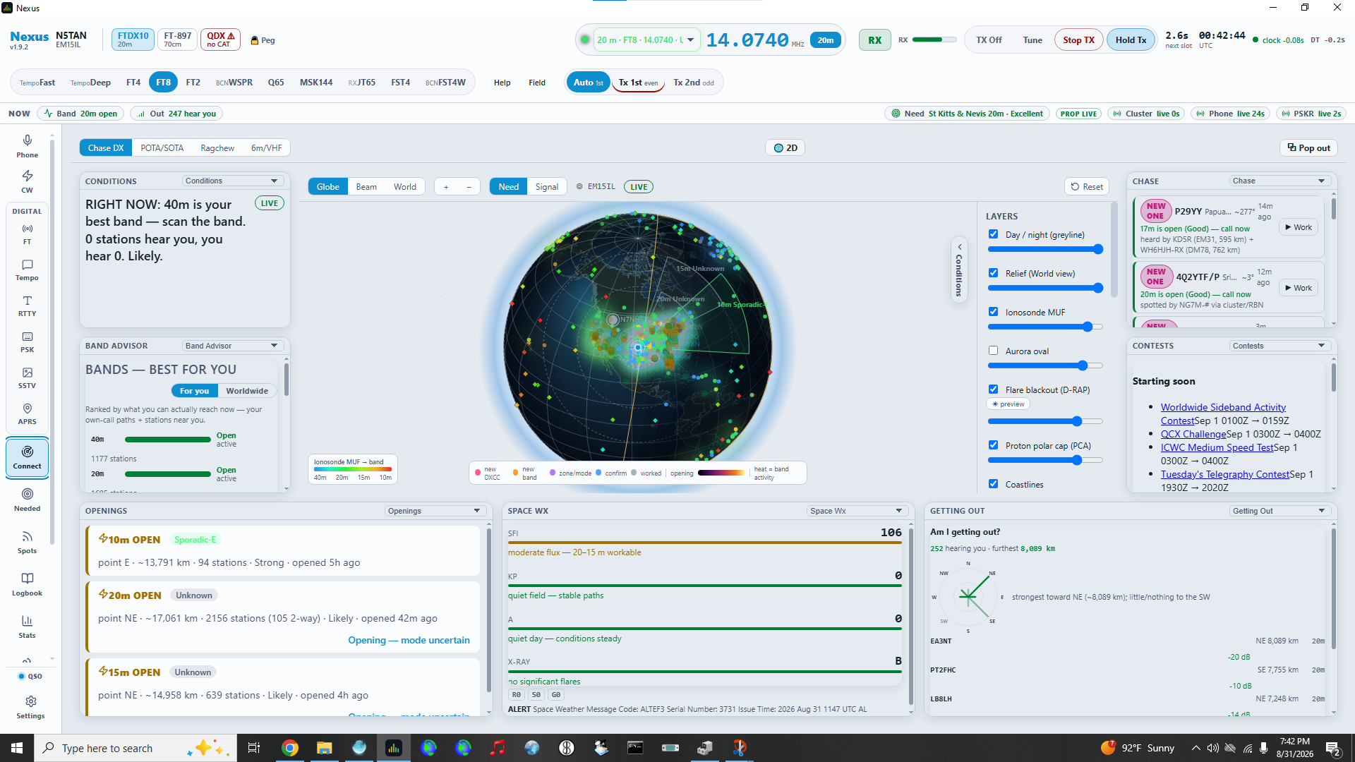 Nexus Connect screen with propagation globe, band conditions, openings, space weather, and stations hearing the operator